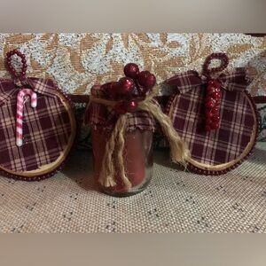 Handcrafted 2 oz Jar Candle and Wood Slice Ornaments
